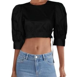 Danielle Bernstein Womens Drawstring Hem Puff Sleeve Crop Top