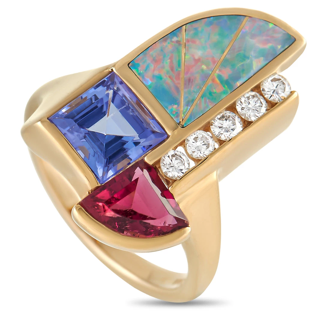 women Kabana 14K Yellow Gold 0.20 ct Diamond, Tourmaline, Tanzanite, and Inlaid Opal Ring 3 women Kabana 14K Yellow Gold 0.20 ct Diamond, Tourmaline, Tanzanite, and Inlaid Opal Ring