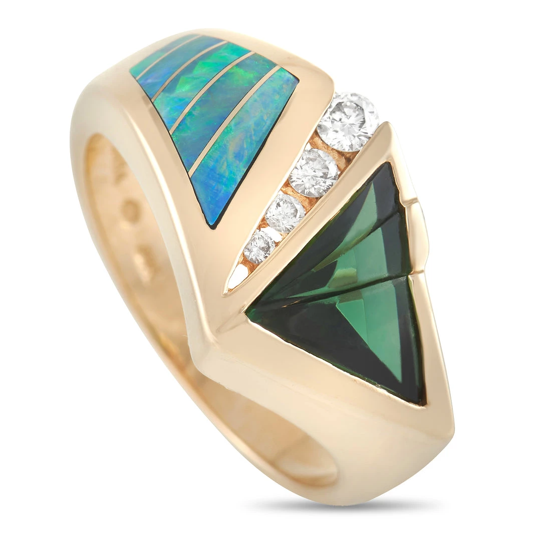 women Kabana 14K Yellow Gold Ring 0.15 ct Diamond, Tourmaline, and Inlaid Opal Ring 3 women Kabana 14K Yellow Gold Ring 0.15 ct Diamond, Tourmaline, and Inlaid Opal Ring