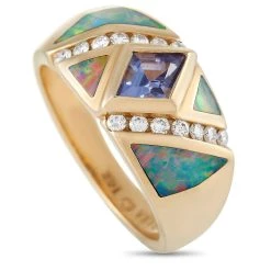 women Kabana 14K Yellow Gold 0.21 ct Diamond, Topaz, and Inlaid Opal Ring