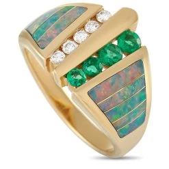 women Kabana 14K Yellow Gold 0.12 ct Diamond, Emerald, and Inlaid Opal Ring