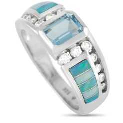 women Kabana 14K White Gold 0.35 ct Diamond, Aquamarine, and Inlaid Opal Ring