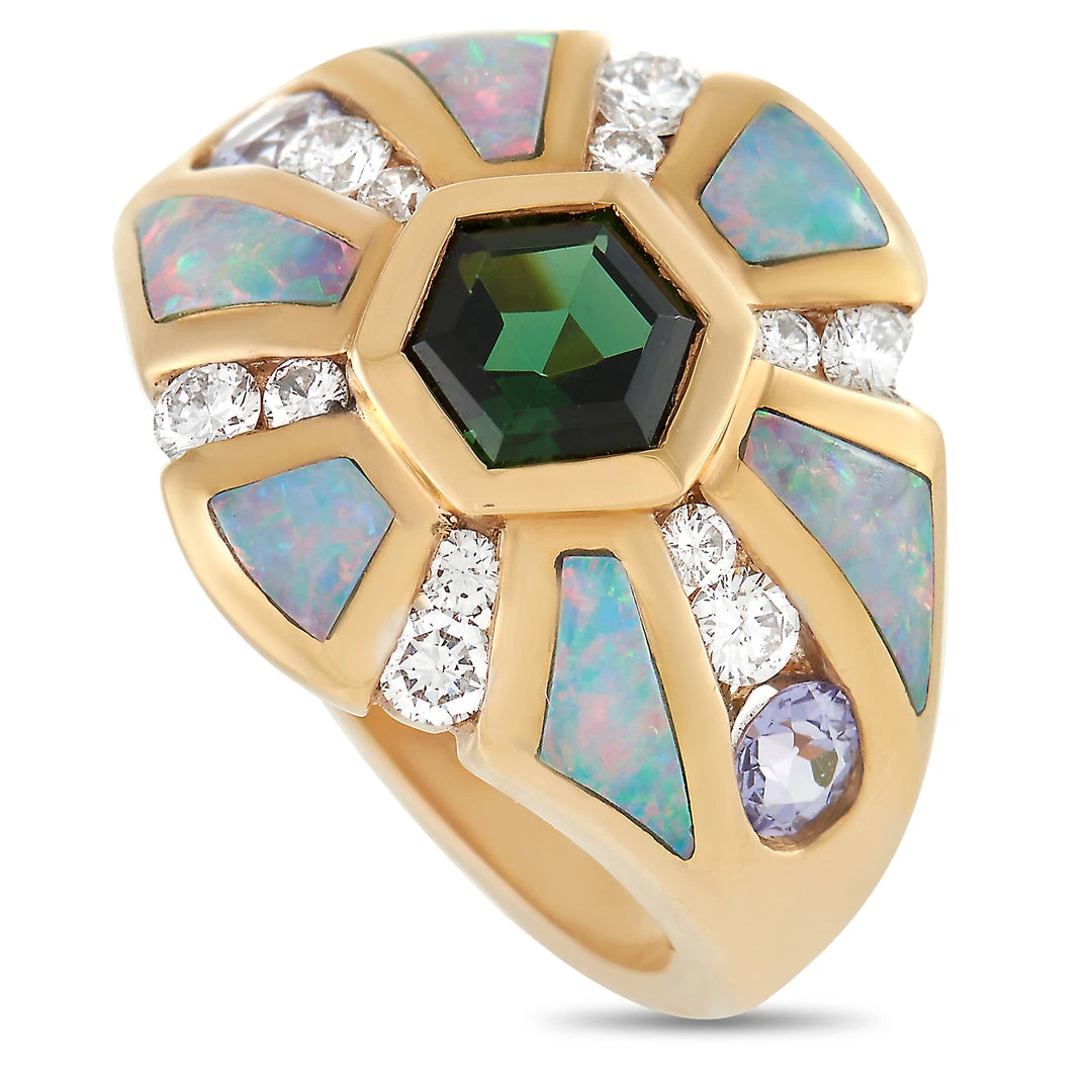 women Kabana 14K Yellow Gold 0.50 ct Diamond, Tourmaline, Tanzanite, and Inlaid Opal Ring 3 women Kabana 14K Yellow Gold 0.50 ct Diamond, Tourmaline, Tanzanite, and Inlaid Opal Ring