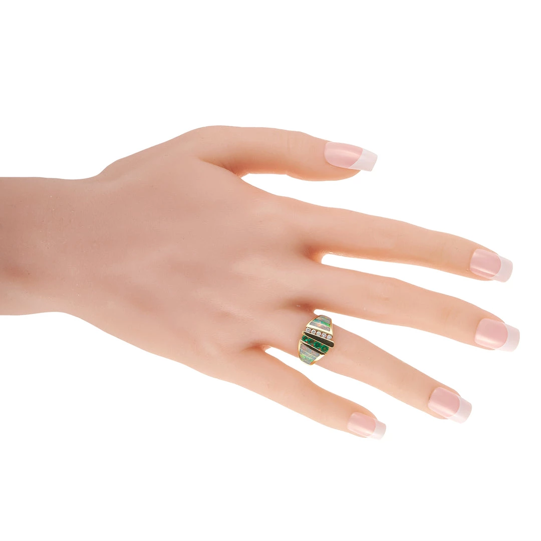 women Kabana 14K Yellow Gold 0.12 ct Diamond, Emerald, and Inlaid Opal Ring 5 women Kabana 14K Yellow Gold 0.12 ct Diamond, Emerald, and Inlaid Opal Ring - Image 3