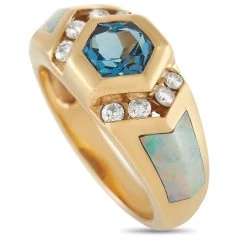 women Kabana 14K Yellow Gold 0.30 ct Diamond, Topaz, and Inlaid Opal Ring
