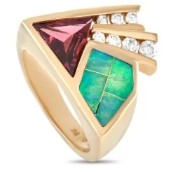 women Kabana 14K Yellow Gold 0.25 ct Diamond, Tourmaline, and Inlaid Opal Ring