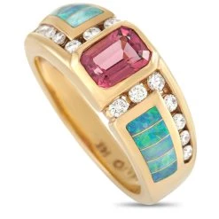 women Kabana 14K Yellow Gold 0.35 ct Diamond, Tourmaline, and Inlaid Opal Ring