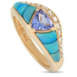 women Kabana 14K Yellow Gold 0.20 ct Diamond, Tanzanite, and Inlaid Opal Ring