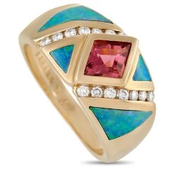 women Kabana 14K Yellow Gold 0.21 ct Diamond, Tourmaline and Inlaid Opal Ring